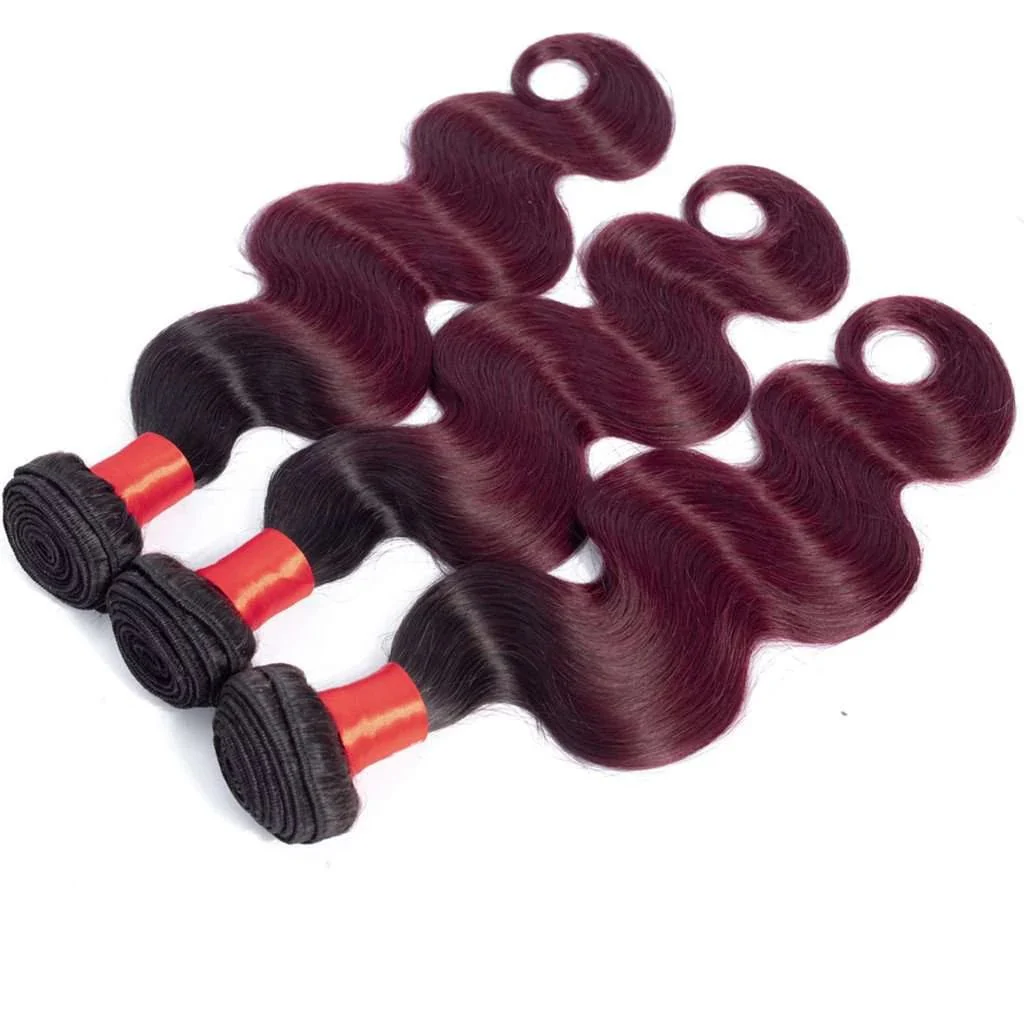 Ombre Burgundy Mixed Brazilian Human Hair Straight/ Body Wave Hair Bundles - Image 4